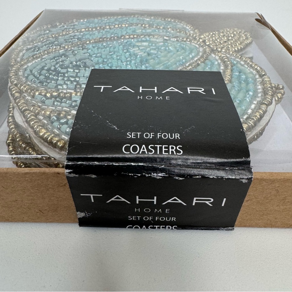 Tahari Home Set of 4 Pumpkin Drink Coasters Beaded Blue Aqua Teal & Gold New Nib - Picture 5 of 9
